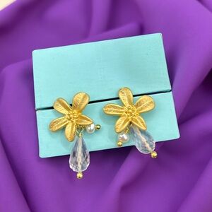 Gold Floral Earrings with Crystal Accents